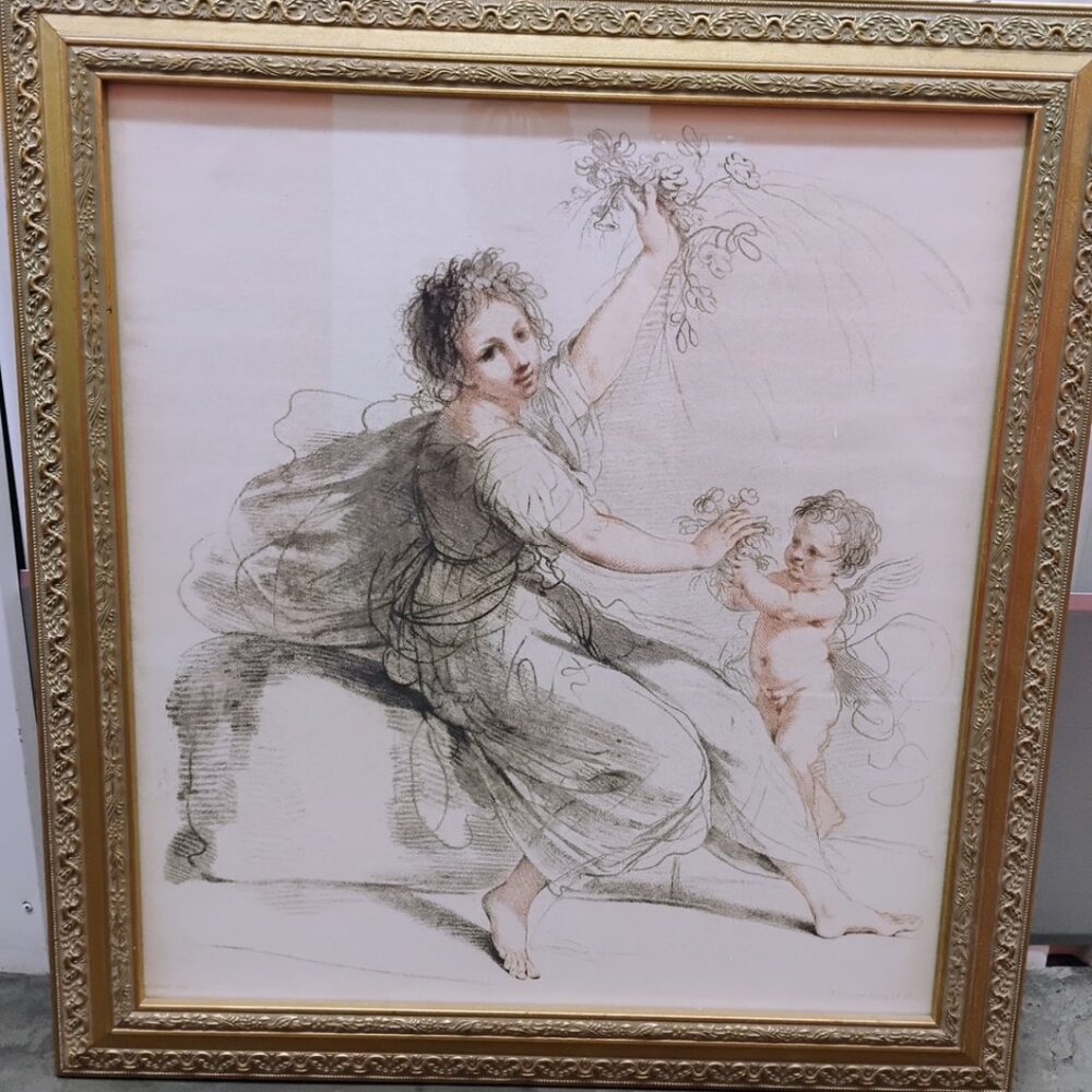 Painting female form interacting with female cherub